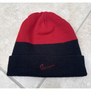 Nike Knitted Beanie W/Swoosh Logo One Size Fits Red & Black Embroidered Logo